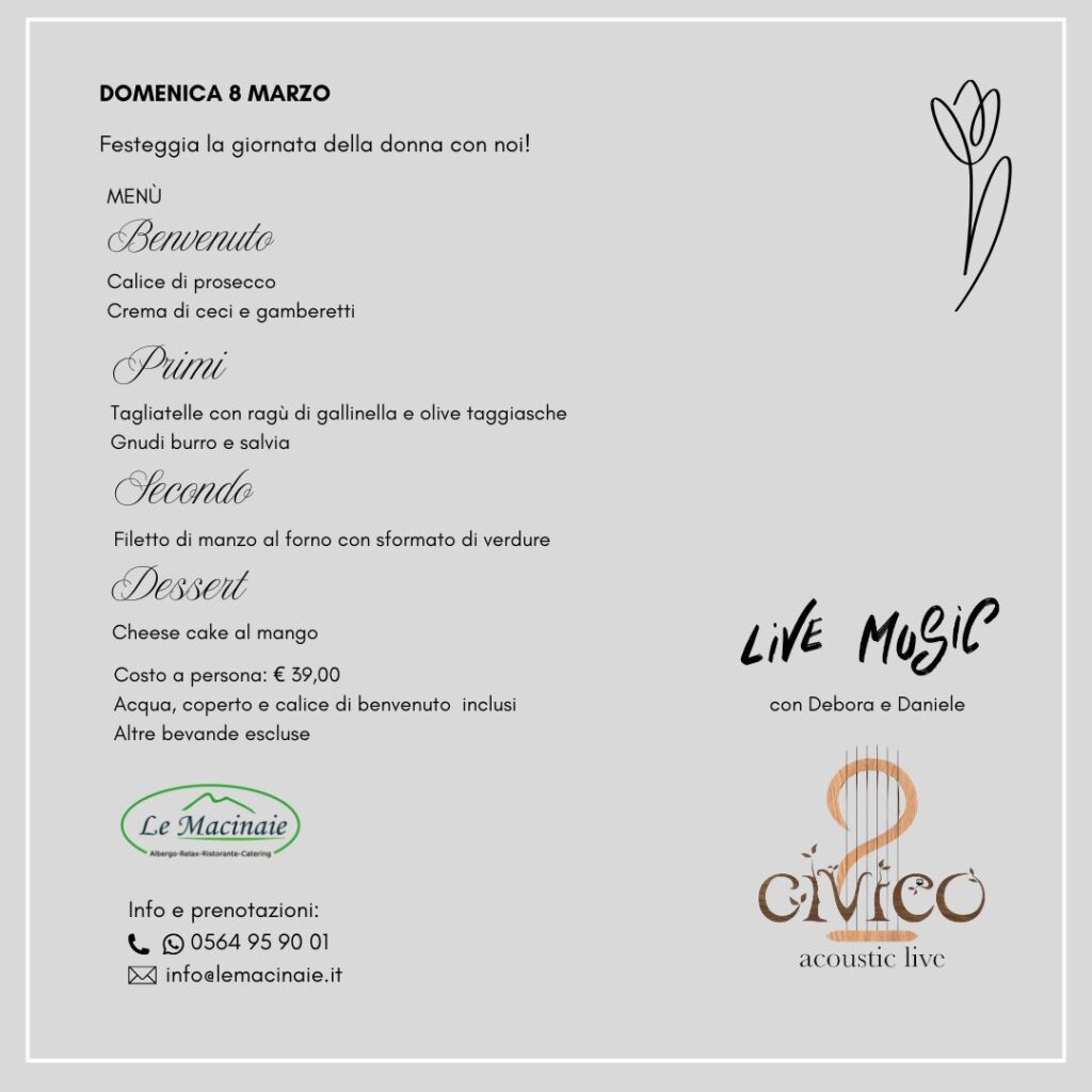 Una serata speciale per celebrare la Festa della Donna in un'atmosfera accogliente e rilassata, nel cuore dell'Amiata. Domenica 8 marzo vi aspettiamo per una cena pensata per condividere buon cibo, bu...